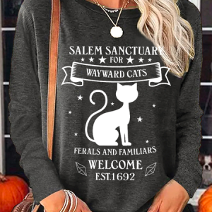 Women's Salem Sanctuary For Wayward Cats Long Sleeve Witch Casual Shirt, color:Deep Gray|size:3XL, Lilicloth.com