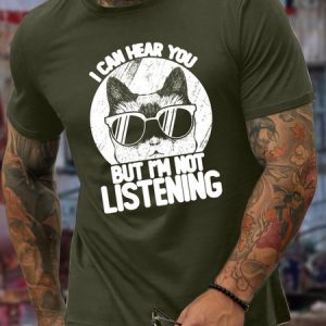 Men’s The Cat Regular Fit Casual Cotton T-Shirt, color:Army Green|size:3XL, Lilicloth.com