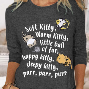 Womne's Soft Kitty Warm Kitty Cat Text Letters Casual Long Sleeve Shirt, color:Deep Gray|size:3XL, Lilicloth.com