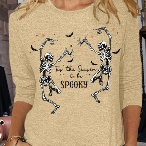 Women's Halloween 2023 Skull This Is The Season To Be Spooky Casual Cotton-Blend Long Sleeve Shirt, color:Khaki|size:3XL, Lilicloth.com