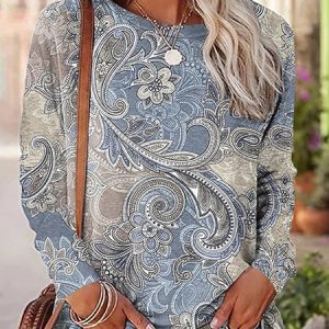Paisley Crew Neck Casual Loose T-Shirt, color:Blue|size:XXL, Lilicloth.com