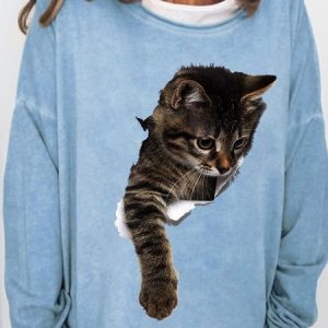 Womens 3D Cat Print Crew Neck Casual Sweatshirt, color:Light Blue|size:3XL, Lilicloth.com