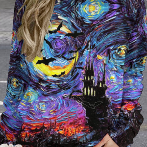 Women Abstract Halloween Oil Painting Raglan Sleeve Cotton Halloween Loose Sweatshirt, color:As Picture|size:3XL, Lilicloth.com
