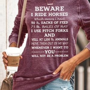 Beware I Ride Horses Sweatshirt Long Sleeve Top, color:Purple|size:3XL, Lilicloth.com