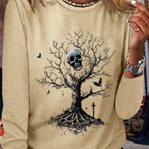 Women's Holloween Tree Skull Casual Regular Fit Crew Neck Shirt, color:Khaki|size:3XL, Lilicloth.com