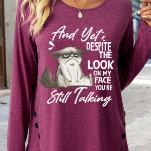 Women's Stil Talking A Cat Crew Neck Cat Casual Long Sleeve Shirt, color:Wine Red|size:3XL, Lilicloth.com