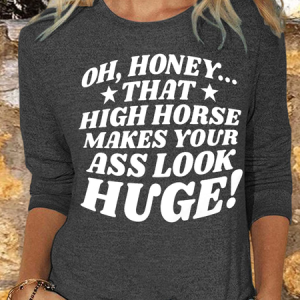 Women's Funny Word High Horse Casual Crew Neck Long Sleeve Shirt, color:Deep Gray|size:3XL, Lilicloth.com