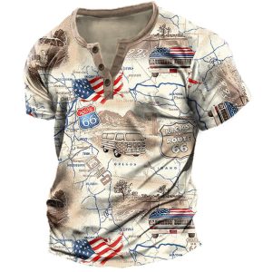 Men's Henry T-Shirt Vintage Map Route 66 Print Graphic Everyday Casual, T-Shirts, , COTOSEN, Apparel Online, Cheap Clothes, Buy Now