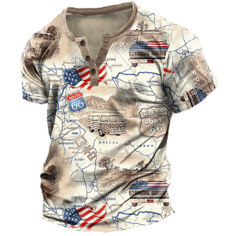 Men's Henry T-Shirt Vintage Map Route 66 Print Graphic Everyday Casual, T-Shirts, , COTOSEN, Apparel Online, Cheap Clothes, Buy Now