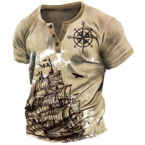 Men's Henley T-Shirt Vintage Nautical Ship Compass Print Graphic Everyday Casual, T-Shirts, , COTOSEN, Apparel Online, Cheap Clothes, Buy Now