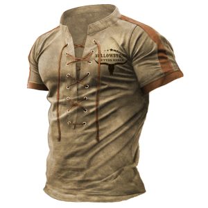 Men's Tie-up Stand-up Collar T-shirt Retro Yellowstone Print Pattern Color Matching Short-sleeved Daily Casual Tee Khaki, T-Shirts, , COTOSEN, Apparel Online, Cheap Clothes, Buy Now