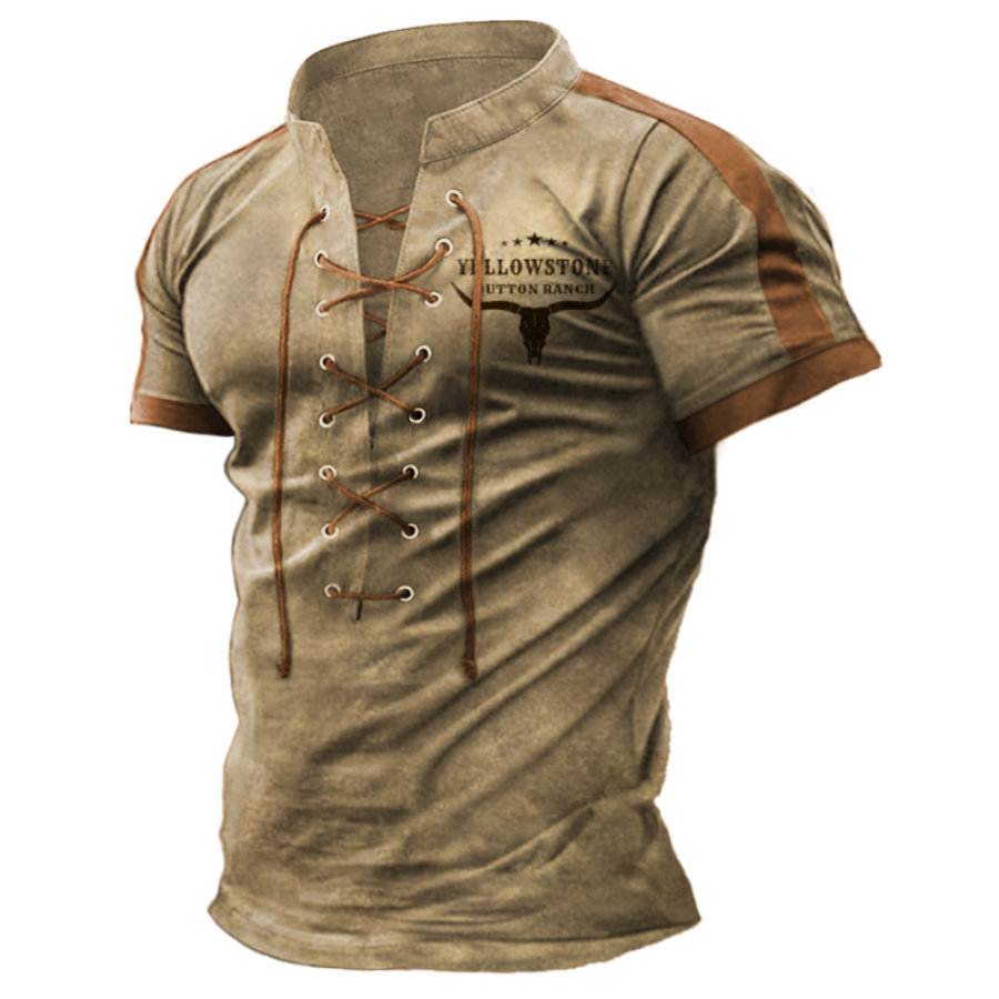 Men's Tie-up Stand-up Collar T-shirt Retro Yellowstone Print Pattern Color Matching Short-sleeved Daily Casual Tee Khaki, T-Shirts, , COTOSEN, Apparel Online, Cheap Clothes, Buy Now