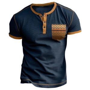 Men's Henry T-shirt Retro Ethnic Style Pocket Print Color Matching Short Sleeve Daily Casual Tee Blue, T-Shirts, , COTOSEN, Apparel Online, Cheap Clothes, Buy Now