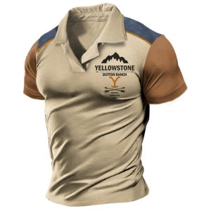 Men's T-Shirt Small Cuban Collar Retro Western Yellowstone Print Color Matching Short Sleeve Daily Casual Tee, T-Shirts, , COTOSEN, Apparel Online, Cheap Clothes, Buy Now