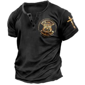 Men's Henley T-Shirt Vintage Route 66 Graphic Short Sleeve Casual Black, T-Shirts, , COTOSEN, Apparel Online, Cheap Clothes, Buy Now