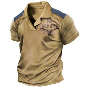 Men's T-shirt Retro Old Wild West Print Small Cuban Collar Color Matching Short Sleeve Daily Casual Tee, T-Shirts, , COTOSEN, Apparel Online, Cheap Clothes, Buy Now