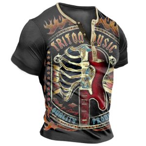 Men's Henley T-Shirt Retro Rock Skull Guitar Print Graphic Everyday Casual Tee Black, T-Shirts, , COTOSEN, Apparel Online, Cheap Clothes, Buy Now