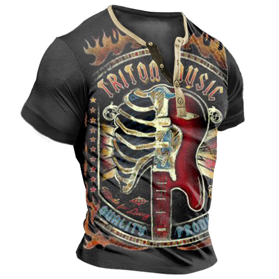 Men's Henley T-Shirt Retro Rock Skull Guitar Print Graphic Everyday Casual Tee Black, T-Shirts, , COTOSEN, Apparel Online, Cheap Clothes, Buy Now