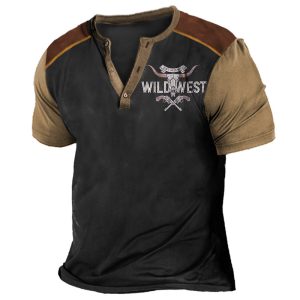 Men's Henley T-Shirt Vintage Western Cowboy Gunslinger Colorblock Print Graphic Short Sleeve Casual Black, T-Shirts, , COTOSEN, Apparel Online, Cheap Clothes, Buy Now