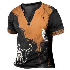 Men's Henley T-Shirt Vintage Western Cowboy Gunslinger Print Graphic Short Sleeve Casual Black, T-Shirts, , COTOSEN, Apparel Online, Cheap Clothes, Buy Now