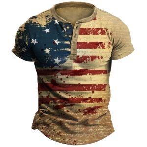 Men's Henley T-Shirt Retro American Flag Print Graphic Short Sleeve Everyday Casual Tee Khaki, T-Shirts, , COTOSEN, Apparel Online, Cheap Clothes, Buy Now