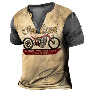 Men's Henley T-Shirt Vintage Motorcycle Color Block Print Graphic Short Sleeves Casual Khaki, T-Shirts, , COTOSEN, Apparel Online, Cheap Clothes, Buy Now