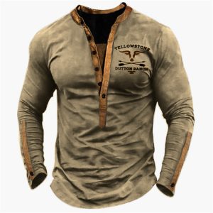 Men's Henley T-Shirt Vintage Western Yellowstone Print Color Block Long Sleeve Khaki, T-Shirts, , COTOSEN, Apparel Online, Cheap Clothes, Buy Now
