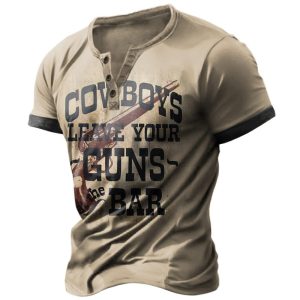 Men's Henry T-shirt Retro Western Cowboy Letter Print Colorblock Short Sleeve Daily Casual, T-Shirts, , COTOSEN, Apparel Online, Cheap Clothes, Buy Now