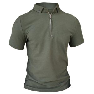 Men's T-shirt Half Open Zipper Lapel Retro Special Training Short Sleeve Army Green, T-Shirts, , COTOSEN, Apparel Online, Cheap Clothes, Buy Now