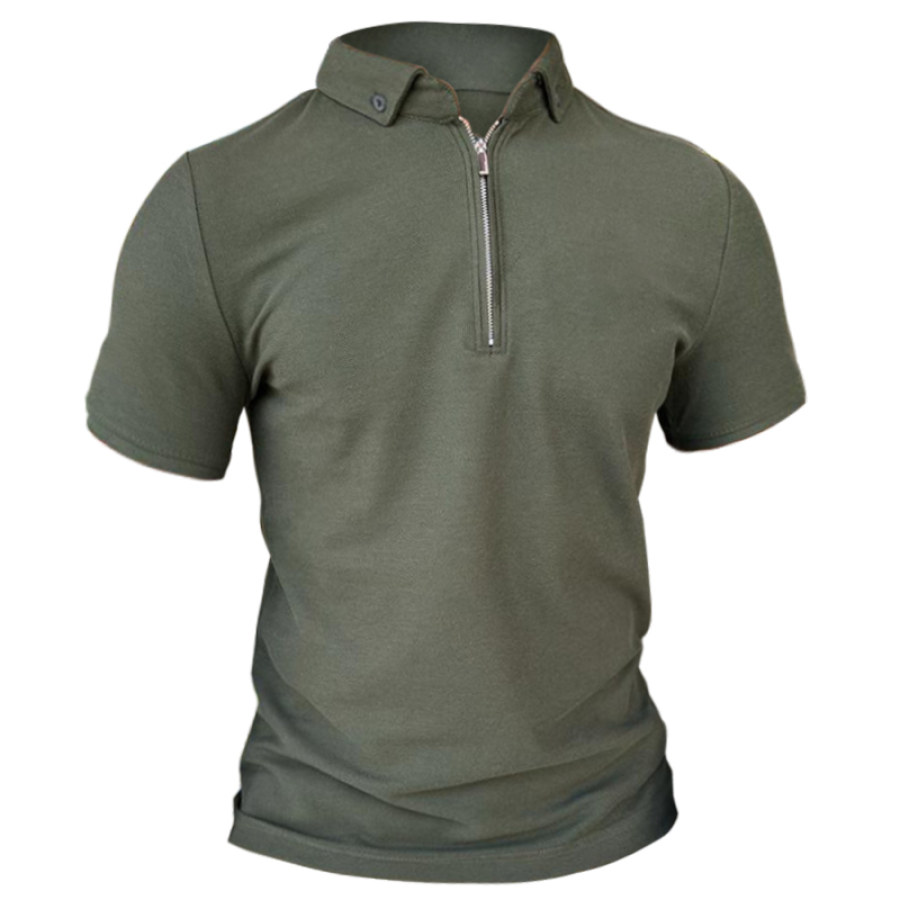 Men's T-shirt Half Open Zipper Lapel Retro Special Training Short Sleeve Army Green, T-Shirts, , COTOSEN, Apparel Online, Cheap Clothes, Buy Now