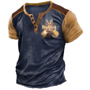 Men's Henry T-shirt Retro Hard Rock Guitar Print Color Matching Short Sleeve Daily Casual Tee, T-Shirts, , COTOSEN, Apparel Online, Cheap Clothes, Buy Now