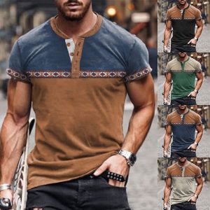 Men's Henley T-shirt Retro Western Ethnic Style Color Block Printing Pattern Summer Short Sleeve Round Neck Tee, T-Shirts, , COTOSEN, Apparel Online, Cheap Clothes, Buy Now
