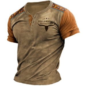 Men's Henry T-Shirt Vintage Yellowstone Western Denim Colorblock Print Graphic Short Sleeve Tee, T-Shirts, , COTOSEN, Apparel Online, Cheap Clothes, Buy Now