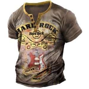 Men's Henry T-Shirt Retro Hard Rock Guitar Print Short Sleeve Everyday Casual Tee, T-Shirts, , COTOSEN, Apparel Online, Cheap Clothes, Buy Now