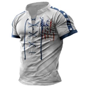 Men's Tie-up Stand Collar T-shirt Retro USA American Flag Print Pattern Color Matching Short Sleeve Daily Casual Tee, T-Shirts, , COTOSEN, Apparel Online, Cheap Clothes, Buy Now