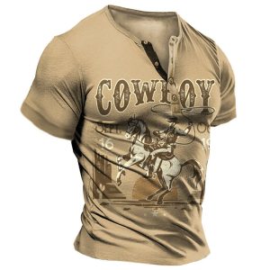 Men's Henley T-Shirt Vintage Western Denim Print Graphic Everyday Casual Tee Khaki, T-Shirts, , COTOSEN, Apparel Online, Cheap Clothes, Buy Now
