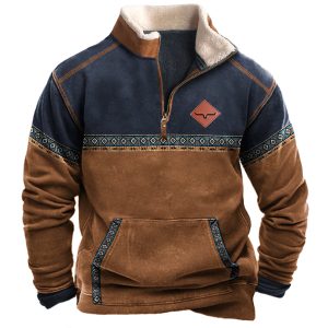 Men's Vintage Western Yellowstone Colorblock Zipper Stand Collar Sweatshirt, Hoodies & Sweatshirts, , COTOSEN, Apparel Online, Cheap Clothes, Buy Now