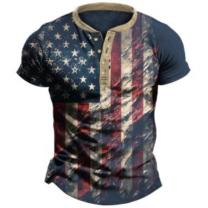 Men's Henley T-Shirt Vintage American Flag Print Graphic Short Sleeve Everyday Casual Tee Blue, T-Shirts, , COTOSEN, Apparel Online, Cheap Clothes, Buy Now
