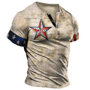 Men's Henley T-Shirt Vintage American Flag Stars Print Graphic Everyday Casual Tee Khaki, T-Shirts, , COTOSEN, Apparel Online, Cheap Clothes, Buy Now