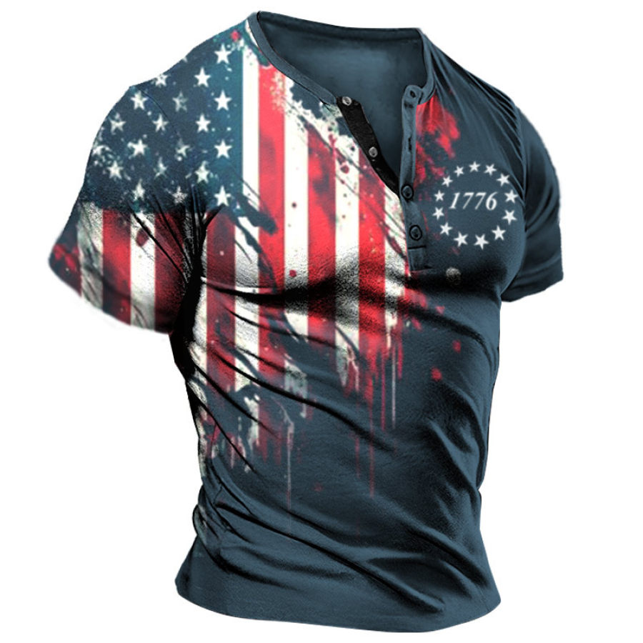 Men's Henley T-Shirt Vintage American Flag 1776 Independence Day Print Graphic Everyday Casual Tee Blue, T-Shirts, , COTOSEN, Apparel Online, Cheap Clothes, Buy Now