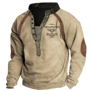 Men's Vintage Western Yellowstone Raglan Henley Sweatshirt, Hoodies & Sweatshirts, , COTOSEN, Apparel Online, Cheap Clothes, Buy Now
