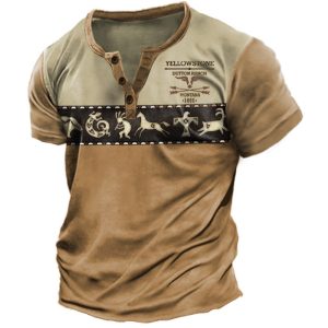 Men's Henry T-Shirt Retro Ethnic Yellowstone Print Graphic Short Sleeve Casual Khaki, T-Shirts, , COTOSEN, Apparel Online, Cheap Clothes, Buy Now