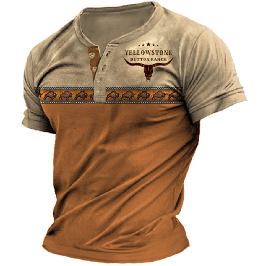 Men's Henley T-Shirt Vintage Yellowstone Western Denim Print Graphic Short Sleeve Tee, T-Shirts, , COTOSEN, Apparel Online, Cheap Clothes, Buy Now