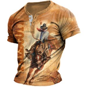 Men's Henley T-Shirt Vintage Western Denim Print Graphic Short Sleeve Tee, T-Shirts, , COTOSEN, Apparel Online, Cheap Clothes, Buy Now