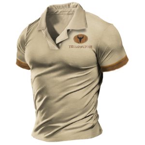 Men's T-shirt Small Cuban Collar Retro Yellowstone Print Color Matching Short Sleeve Daily Casual Tee, T-Shirts, , COTOSEN, Apparel Online, Cheap Clothes, Buy Now