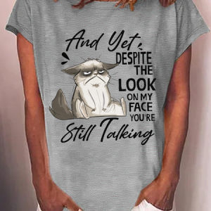 Women's Still Talking A Cat Crew Neck Casual T-Shirt, color:Gray|size:3XL, Lilicloth.com