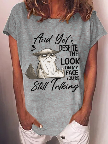 Women's Still Talking A Cat Crew Neck Casual T-Shirt, T-shirts, Lilicloth.com