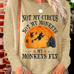 Women's Not My Circus Not My Monkeys Halloween Party Casual Crew Neck Shirt, color:Khaki|size:3XL, Lilicloth.com