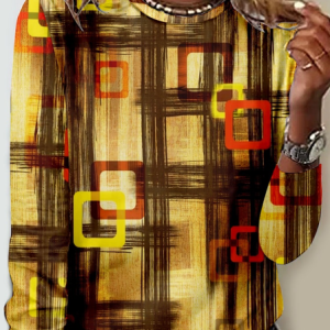 Women's Retro Print Casual Crew Neck Shirt, color:Yellow|size:5XL, Lilicloth.com