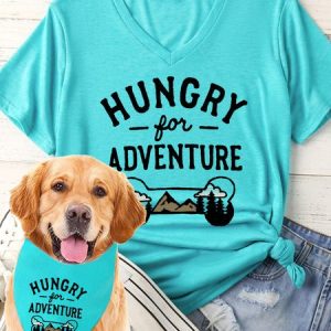 Women's Hungry For Adventure Matching V Neck T-Shirt, color:Lightgreen|size:XXL, Lilicloth.com